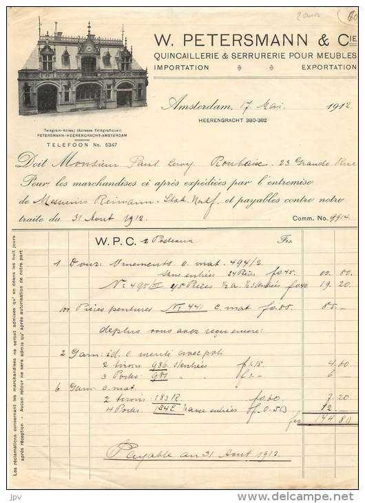 FACTURE LETTRE : AMSTERDAM . W. PETERSMANN &amp; CIE . QUINCAILLERIE &amp; SERRURERIE . 1912 . - Verenigd-Koninkrijk