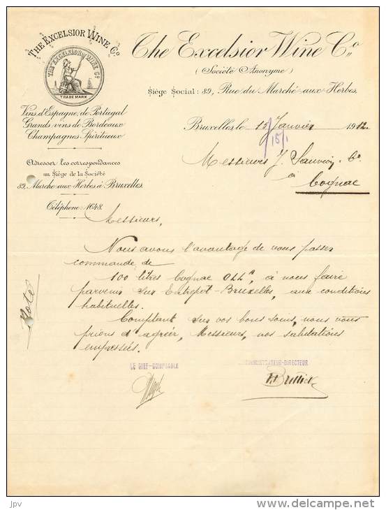 FACTURE LETTRE : BRUXELLES . THE EXCELSIOR WINE CO . 1912 . - United Kingdom