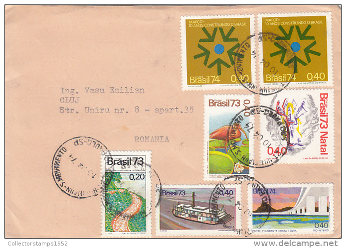 24140- CONSTITUTION, IBIS, WATER LILY, CHRISTMAS, CONSTRUCTION, BRIDGE, SHIP, STREET, STAMPS ON COVER, 1974, BRAZIL - Covers & Documents