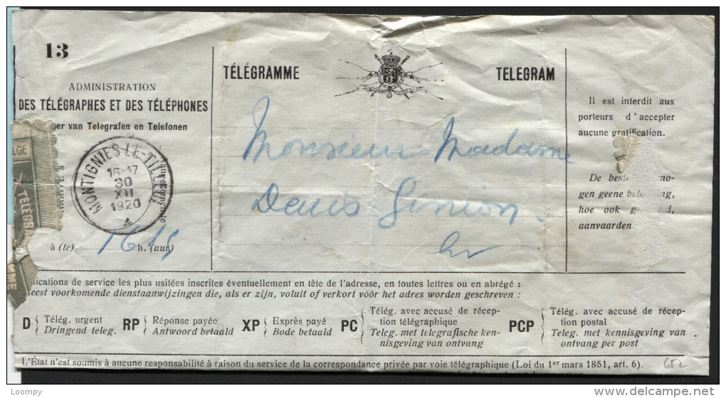 Télégramme Obl. Postale MONTIGNIES-LE-TILLEUL 1920 (652) - Telegrams