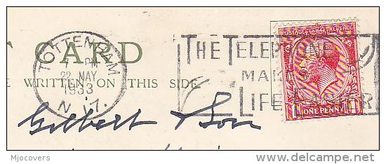 1933 GB GV COVER (card) TOTTENHAM N17 SLOGAN Pmk TELEPHONE Makes Life EASIER Stamps Telecom - Telecom