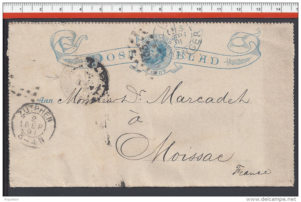 PAYS- BAS - 1891 -  ENTIER POSTAL 5 Cent DE ZUTPHEN A DESTINATION DE MOISSAC - FR - - Postal Stationery