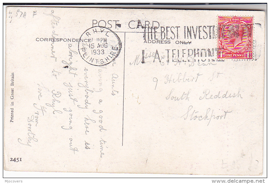 1933 GB COVER  RHYL  TELEPHONE SLOGAN Pmk Stamps Telecom Gv Postcard Railway Train Humour - Telecom