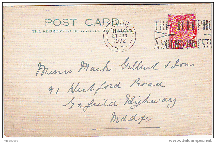 1932 GB COVER (card) HOLLOWAY  TELEPHONE  SLOGAN Pmk Gv Stamps Telecom - Telecom