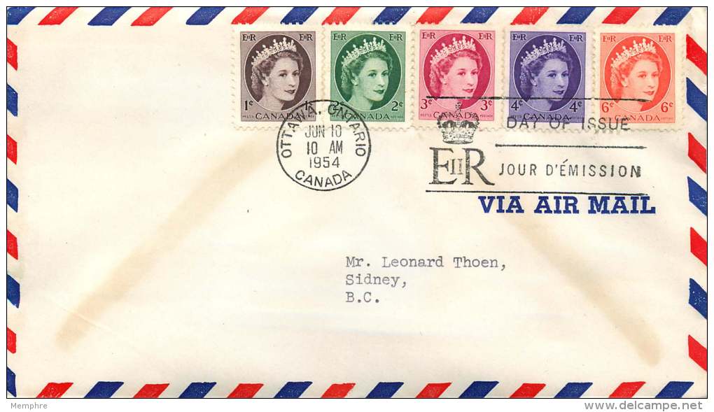 1954  Queen Elizabeth  Wilding Portrait Sc 337-340, 342 On Single Cover - 1952-1960