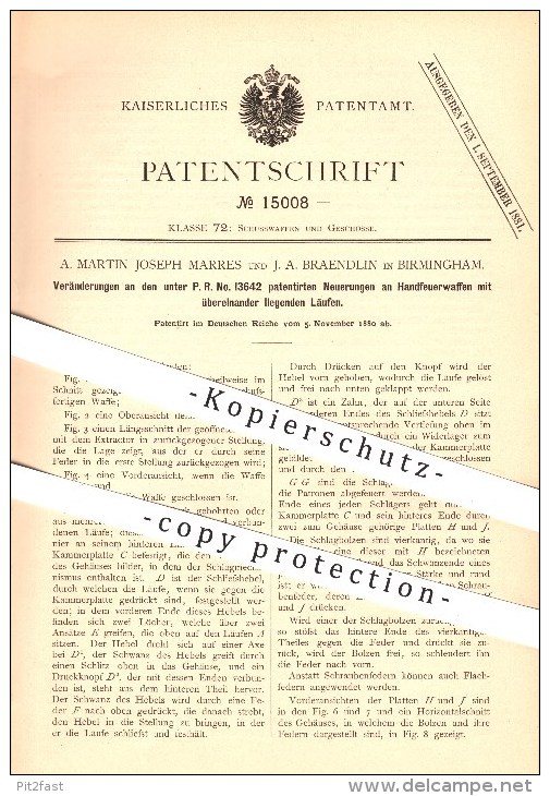 Original Patent - A. Martin Joseph Marres , J. A. Braendlin In Birmingham , 1880 , Pistol , Feuerwaffe , Waffe - 1914-18