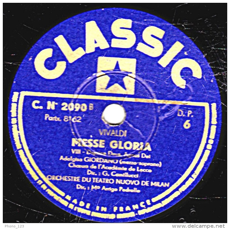 78 Trs - 30 Cm - état TB - ORCHESTRE DU TEATRO NUOVO DE MILAN -MESSE GLORIA Vivaldi (voir étiquettes) - 78 T - Disques Pour Gramophone