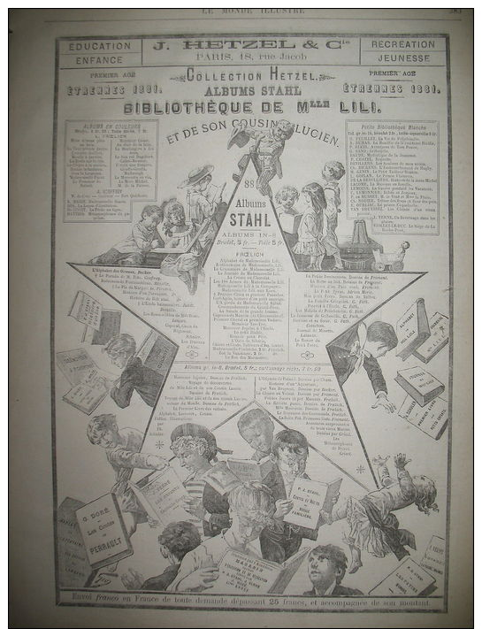 PUBLICITE DE PRESSE HETZEL ENFANCE ET JEUNESSE Mlle LILI ETRENNES FRENCH AD 1881 - Publicités