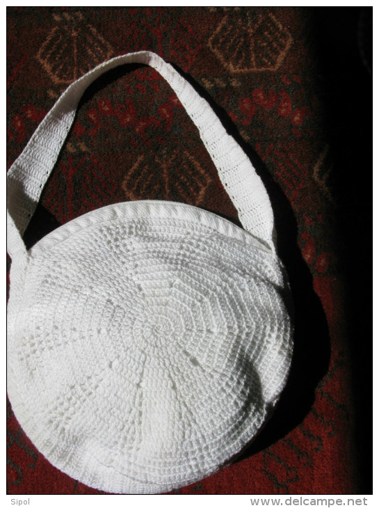 Sac à Main Fait Main  Au Crochet Coton Blanc Fermeture Glissière Anse Au Crochet BE Années 1950 - Autres & Non Classés