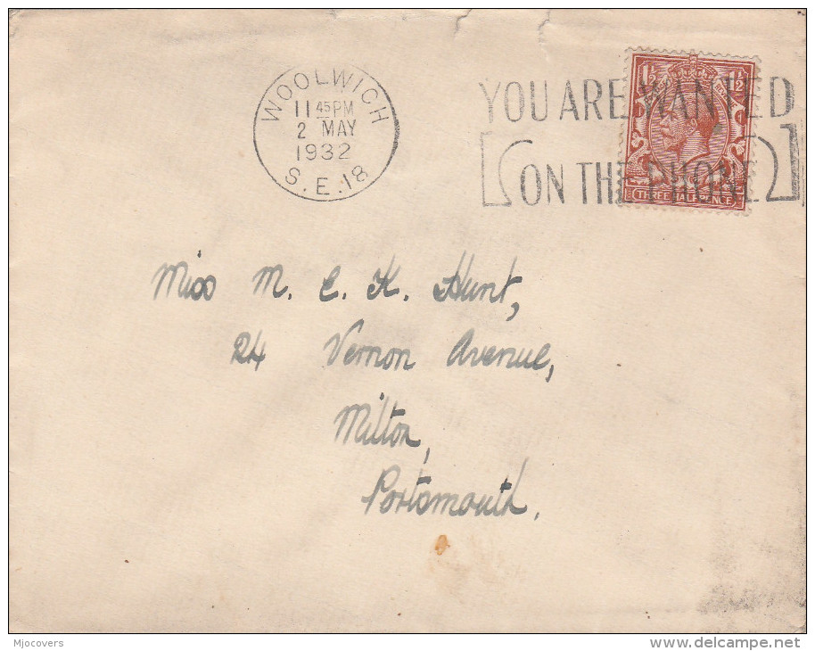 1932 GB  COVER WOOLWICH TELEPHONE SLOGAN With ROYAL ARTILLERY EMBLEM On The Back,telecom Military Forces Gv Stamps - Telecom