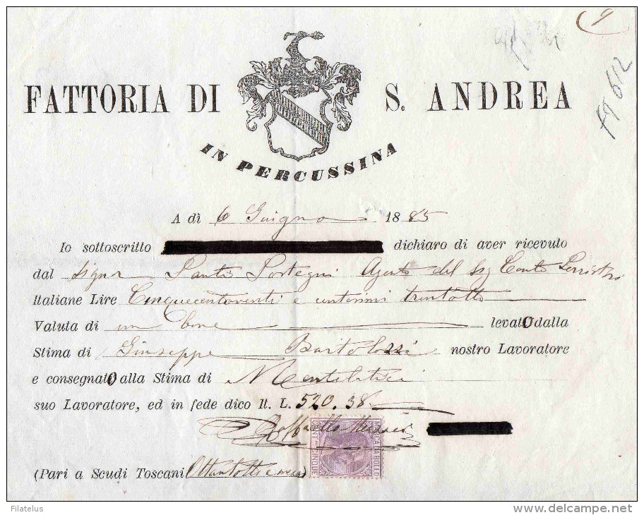 FATTORIA DI S. ANDREA IN PERCUSSINA FIRENZE)--6-6-1885-RICEVUTA-MARCA DA BOLLO-CENT. 5 - Fiscali