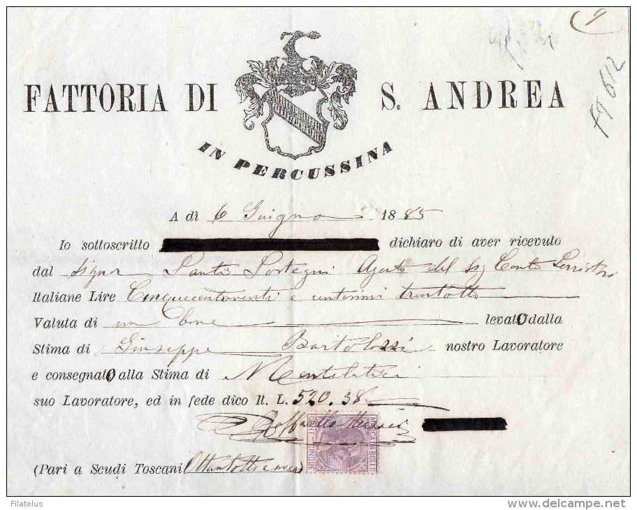 FATTORIA DI S. ANDREA IN PERCUSSINA FIRENZE)--6-6-1885-RICEVUTA-MARCA DA BOLLO-CENT. 5 - Steuermarken