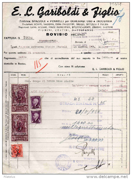 BOVISIO (MILANO)-11-2-1944-DITTA GARIBOLDI-FABBRICA SPAZZOLE -PENNELLE-PIUMINI - Steuermarken