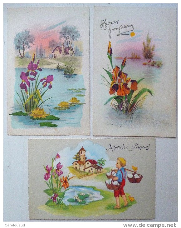 LOT 3X CP LITHO AQUARELLE Illustrateur M.B. + 2X  MGA M.G.A. 863 Paysage Maison Etang Nenuphars Joncs Iris Bleu Et Jaune - Verzamelingen & Kavels