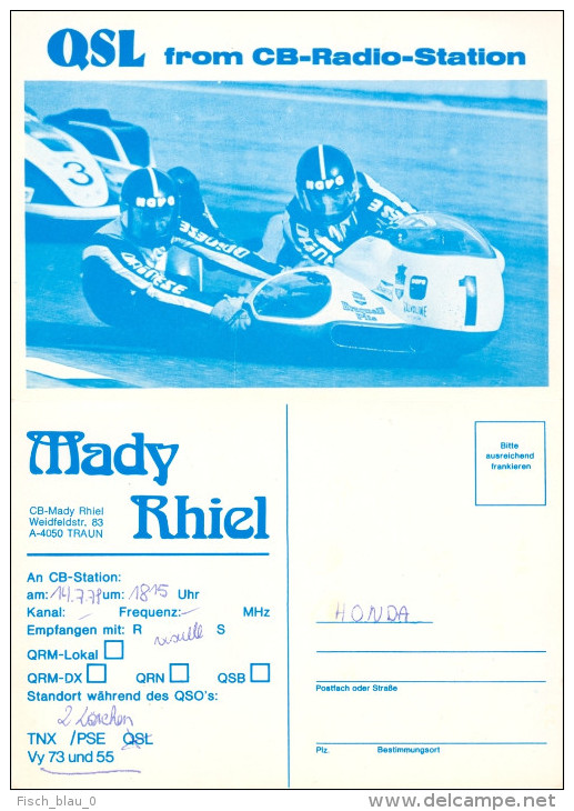 QSL-Karte Traun CB-Station Mady Thiel 1979 Motorradgespann Seitenwagen Beiwagen Card Carte Motorrad Motor Bike Funkkarte - Sonstige & Ohne Zuordnung