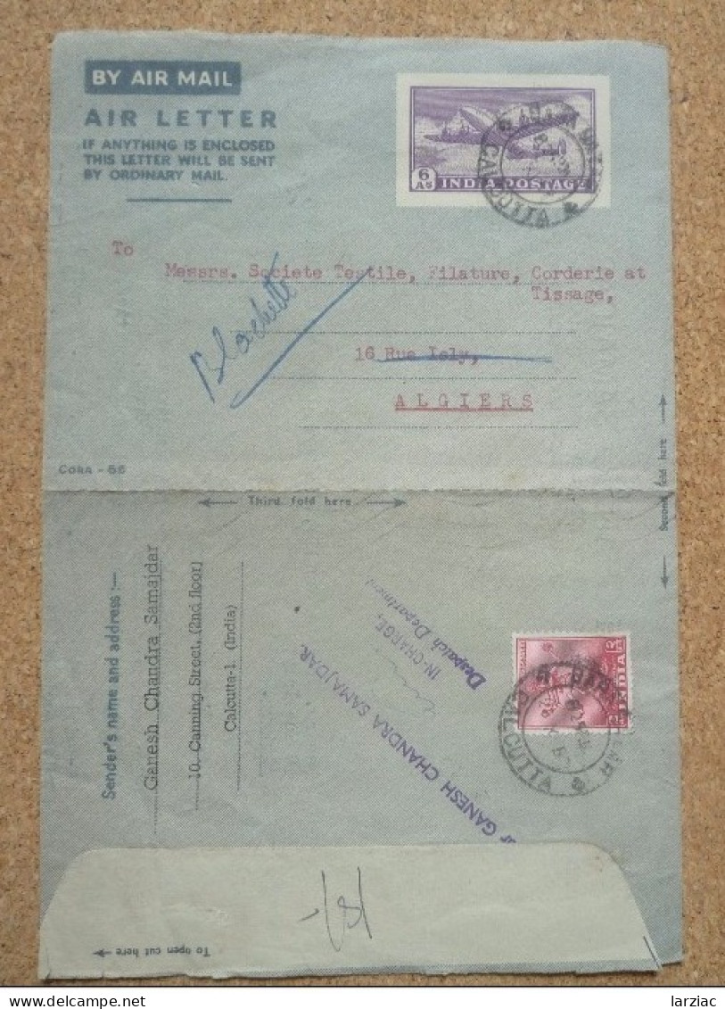 Air Letter India Postage Avec Complément D'affranchissement Pour Alger Oblitération Calcutta - Poste Aérienne