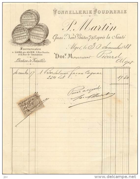 FACTURE LETTRE : ALGER . P. MARTIN . TONNELERIE FOUDRERIE . 1888 . - Other & Unclassified