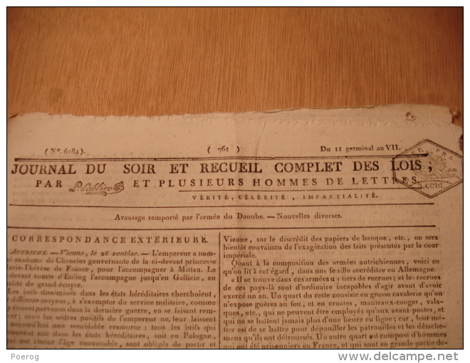 JOURNAL DU SOIR 31 MARS 1799 - ARMEE DU DANUBE CONSPIRATION ROYALE DU TARN GUIBAL GRACH SAVANELLE ANGLAIS FAUSSE MONNAIE - Periódicos - Antes 1800