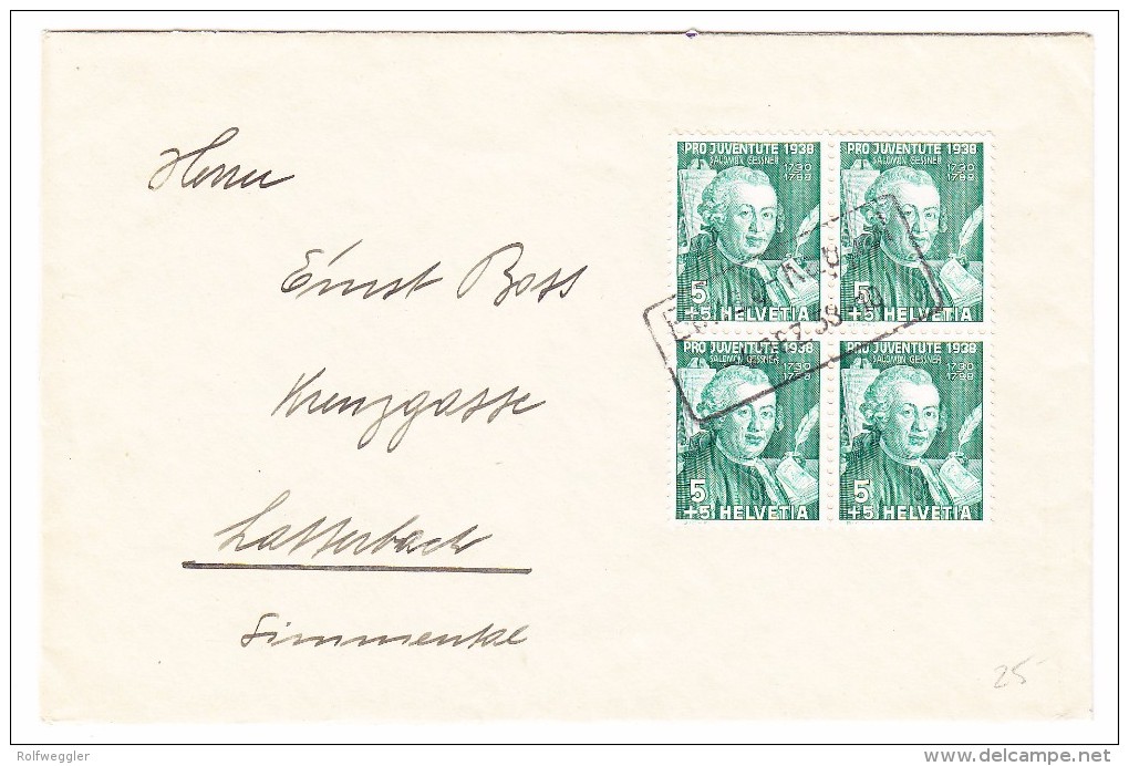 Schweiz Ebnat-Kappel 4.12.1938 Im Kasten Schwarz Auf Brief Mit Viererblock 5Rp. Pro Juventute 1938 - Lettres & Documents