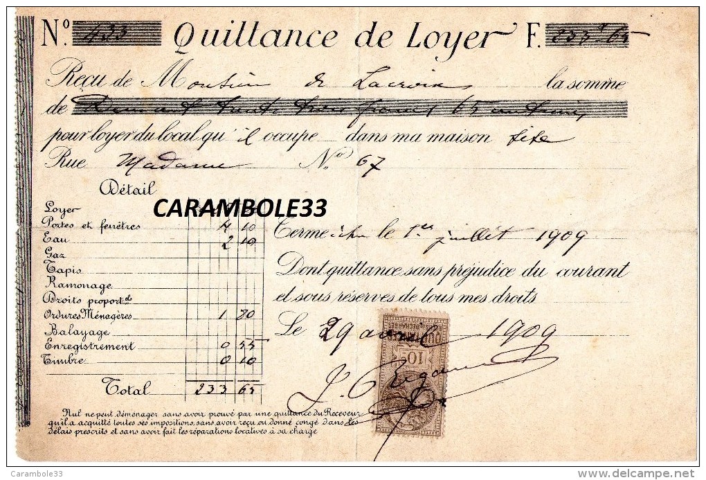 Quittance De Loyer  1909  Timbre 10 C Quittances - 1900 – 1949