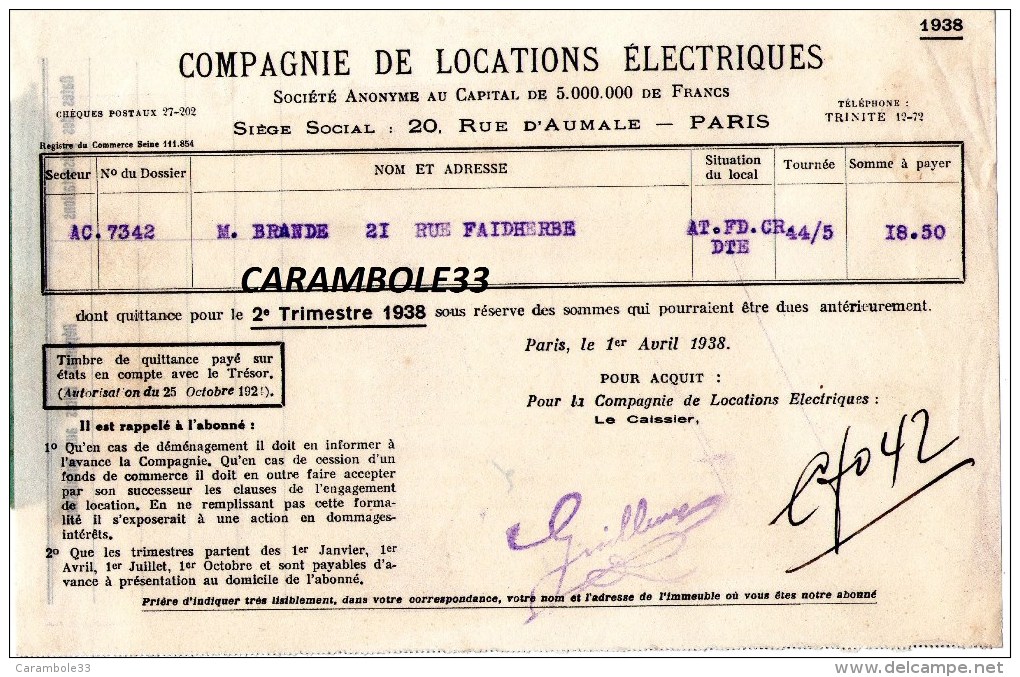 Facture Correspondance COMPAGNIE DE LOCATIONS ELECTRIQUES PARIS 1938 - Electricité & Gaz