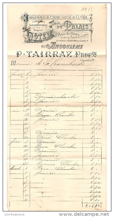 Hôtel Du Palais Place Du Mûrier à Angoulème P. Tairraz Propriétaire à Monsieur De La Tranchade De 1913 - Autres & Non Classés