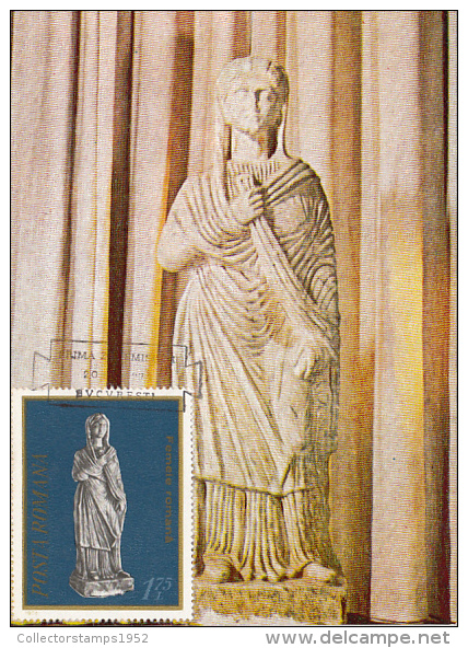 24502- ARCHAEOLOGY, WOMAN STATUE FROM APULUM ROMAN TOWN, MAXIMUM CARD, OBLIT FDC, 1974, ROMANIA - Archaeology