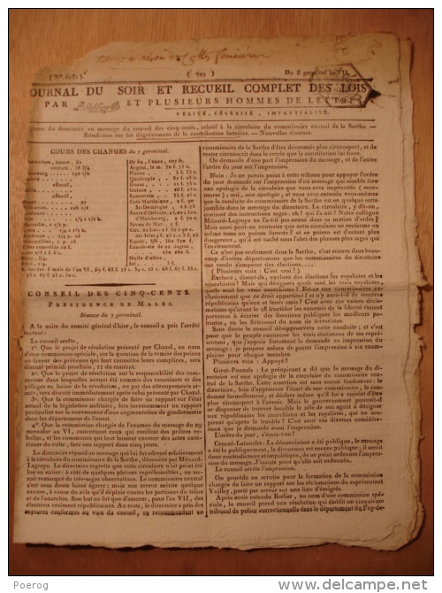 JOURNAL DU SOIR DU 8 GERMINAL AN VII (28 MARS 1799) - PROCLAMATION DU GENERAL CERVONI BELGIQUE - SARTHE - FONCIER - Zeitungen - Vor 1800