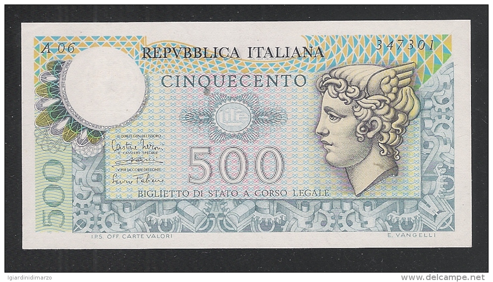 ITALIA - 1974 - BIGLIETTO DI STATO DA LIRE 500 TESTA DI MERCURIO - NON CIRCOLATO - IN OTTIME CONDIZIONI. - 500 Lire