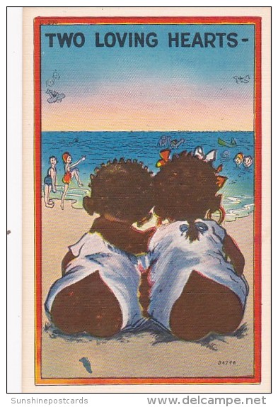 Black Americana Children On Beach Two Loving Hearts - Black Americana