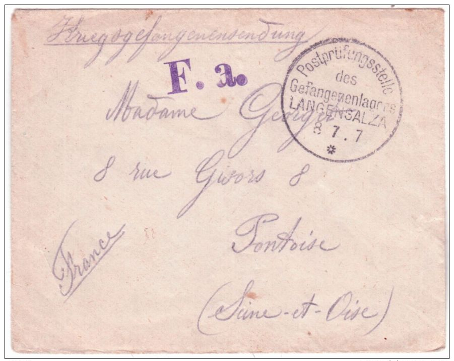 WWI - Cover From A French P G  At  LANGENSALZA - Sonstige & Ohne Zuordnung