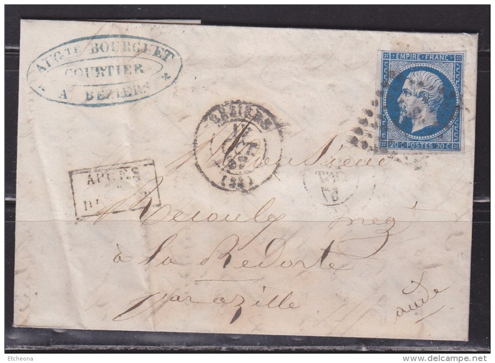 = Pli Napoléon III Empire Franc 20c N° 14A De Béziers (Hérault) à Azille (Aude) 17.10.1852 Cachet Après Le Départ - 1849-1876: Période Classique