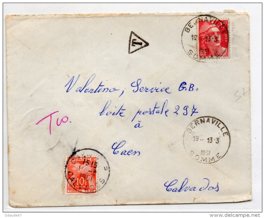 1951 - ENVELOPPE De BERNAVILLE (SOMME) Avec TAXE De 10 F - GANDON - 1859-1959 Lettres & Documents