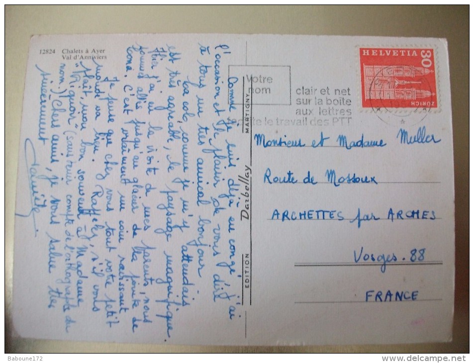 Carte Postale Suisse Ayer Chalets Val D'Anniviers Oblitérée 1964 - Ayer