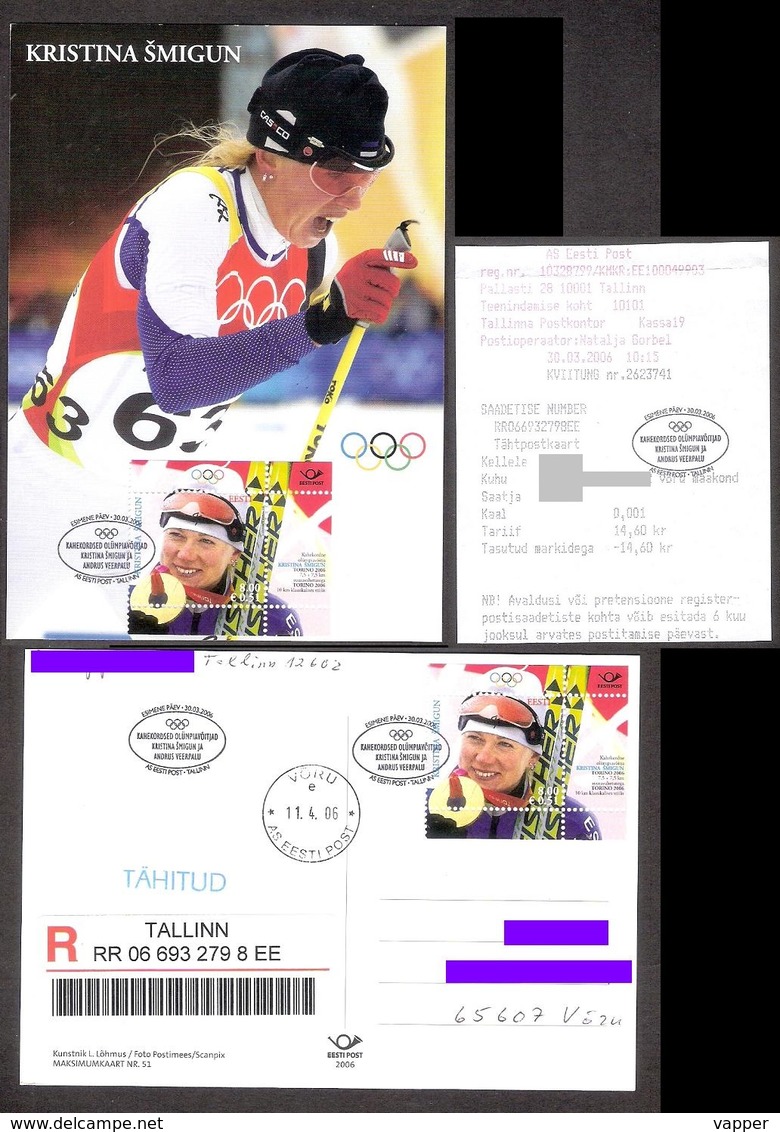 Olympic Estonia 2006 2 Stamps Maxicard Mi 550 BL 26 Olympic Winner Kristina Smigun Gone Post REGISTERED - Hiver 2006: Torino