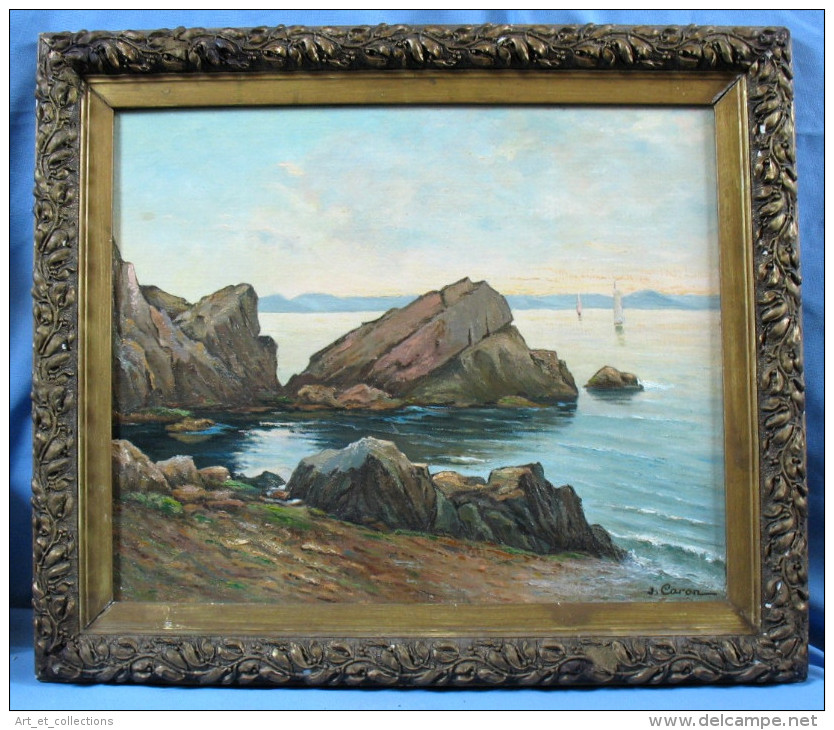 Huile Sur Toile Marouflée De J. CARON / Rochers à Cannes - Huiles