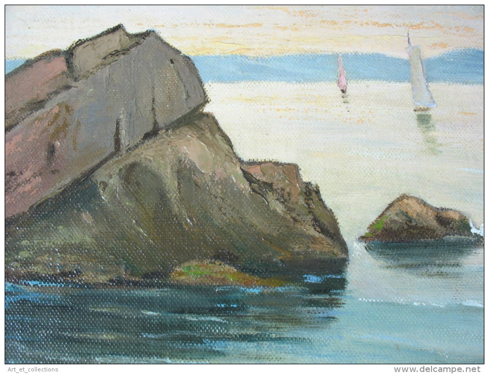 Huile Sur Toile Marouflée De J. CARON / Rochers à Cannes - Olii