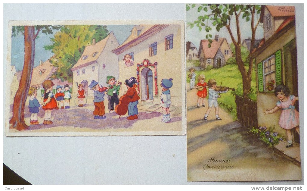 Cp Lot 2x Litho Illustrateur BRE BEGRO Doris Et Petersen Enfant  Serenade  Violon Trompette Violoncelle - Verzamelingen & Reeksen