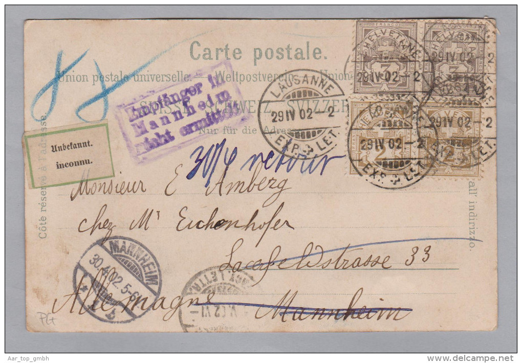 Schweiz 1902-04-29 Lausanne AK Nach Mannheim "Unbekannt" Nicht Ermittelt Retour Gesendet - Used Stamps