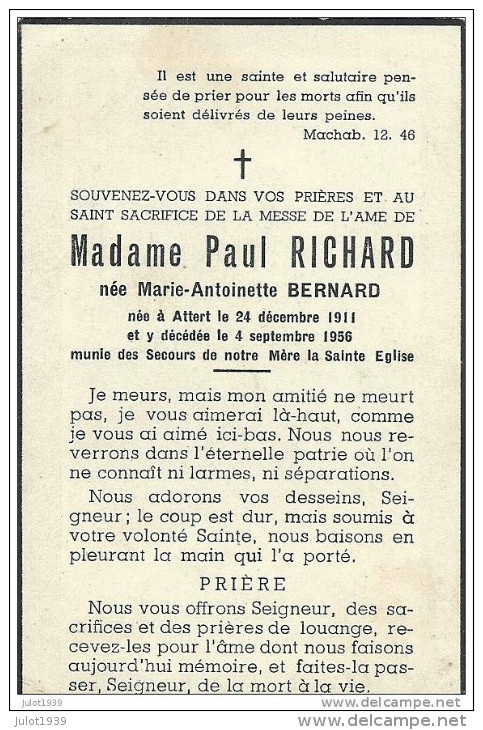 ATTERT ..-- Mme Marie BERNARD , épouse De Mr Paul RICHARD , Née En 1911 , Décédée En 1956 . - Attert