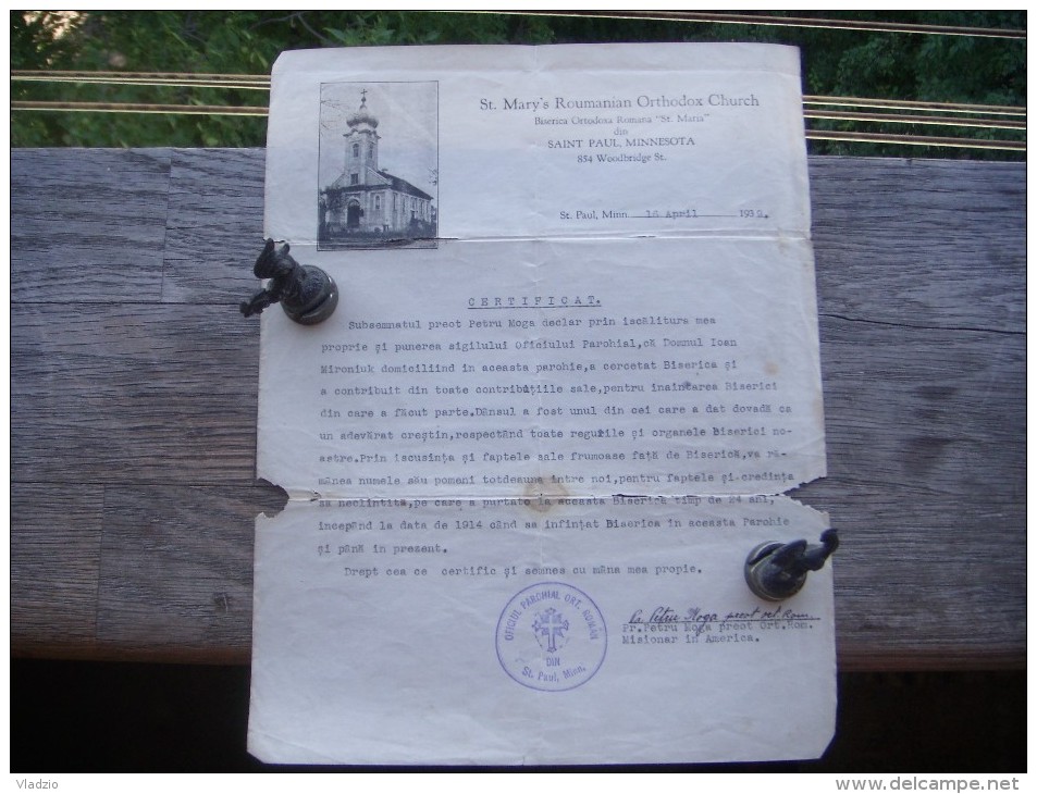 Certificat  Romania  Minnesota  1939 - Religion & Esotérisme