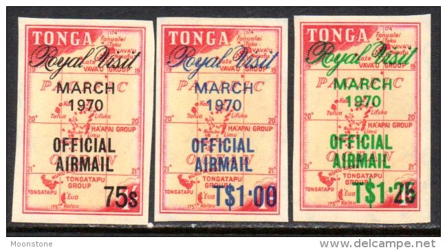 Tonga 1970 Royal Visit Airmail Overprints Imperforate Set Of 3, MNH - Tonga (...-1970)