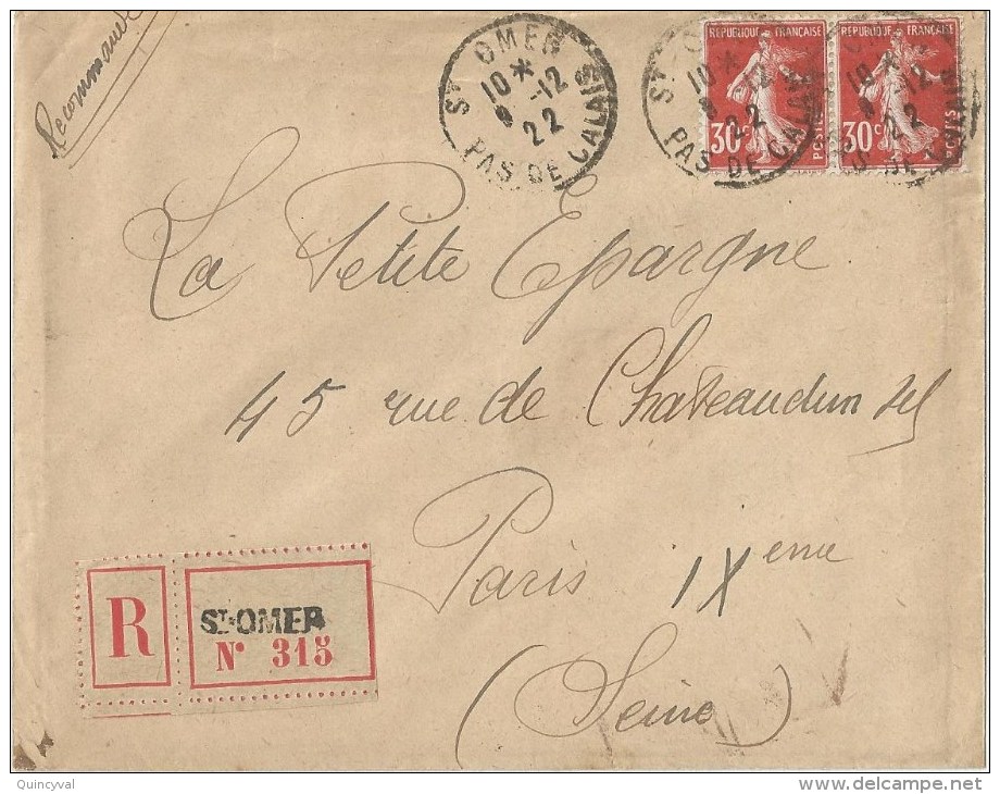 3270 St OMER Pas De Calais Lettre Recommandée Ob 9 12 1922 Type Semeuse Yv 160 - Lettres & Documents