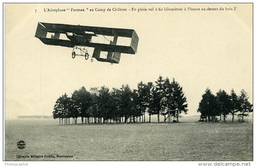 Aviation Henry Farman Biplan Au Camp De Chalons En Plein Vol Carte Postale Ancienne 1908 - ....-1914: Precursors