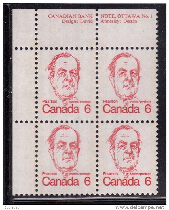 Canada MNH Scott #591 6c Pearson UL Plate Block No. 1 Variety: Lower Right Stamp Has Red Line From 'E' Up Side - Errors, Freaks & Oddities (EFO)