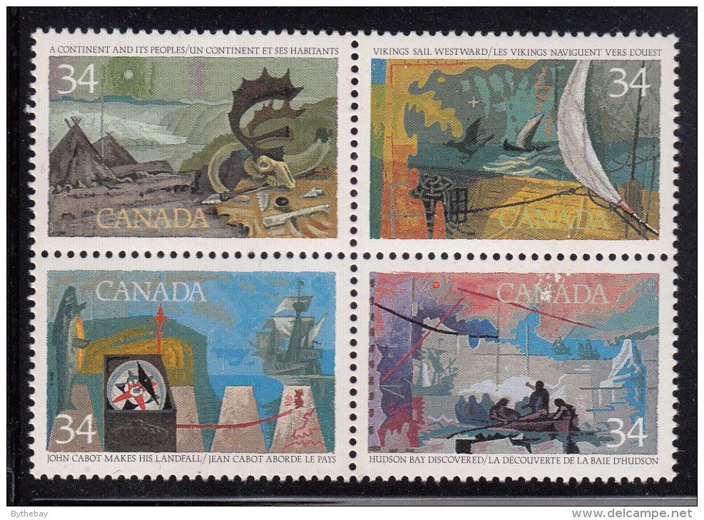 Canada MNH Scott #1107a With #1104i Block Of 4 Discoverers With Variety: Crossed 'N' In 'CANADA' In Upper Left Stamp - Errors, Freaks & Oddities (EFO)