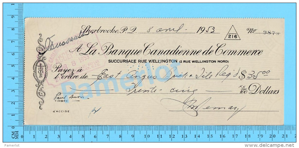 East Angus P. Quebec ( Cheque à L'ordre De East Angus Brick &amp; Tile   $35.00 , )   2 Scans - Cheques & Traveler's Cheques