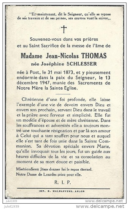 POST ..-- Mme Joséphine SCHLESSER , épouse De Mr Jean THOMAS , Née En 1873 , Décédée En 1947 . - Attert