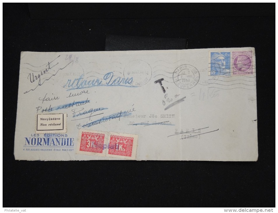 FRANCE - Enveloppe De Paris Pour Paris Redirigée à Prague Et Taxée En 1947 - à Voir - Lot P8322 - 1859-1959 Covers & Documents