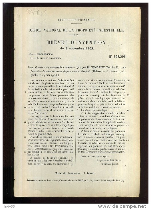 Autres & non classés - - PANNEAUX DECORATIFS POUR VOITURES D´ENFANTS .  BREVET D´INVENTION DE 1903 .